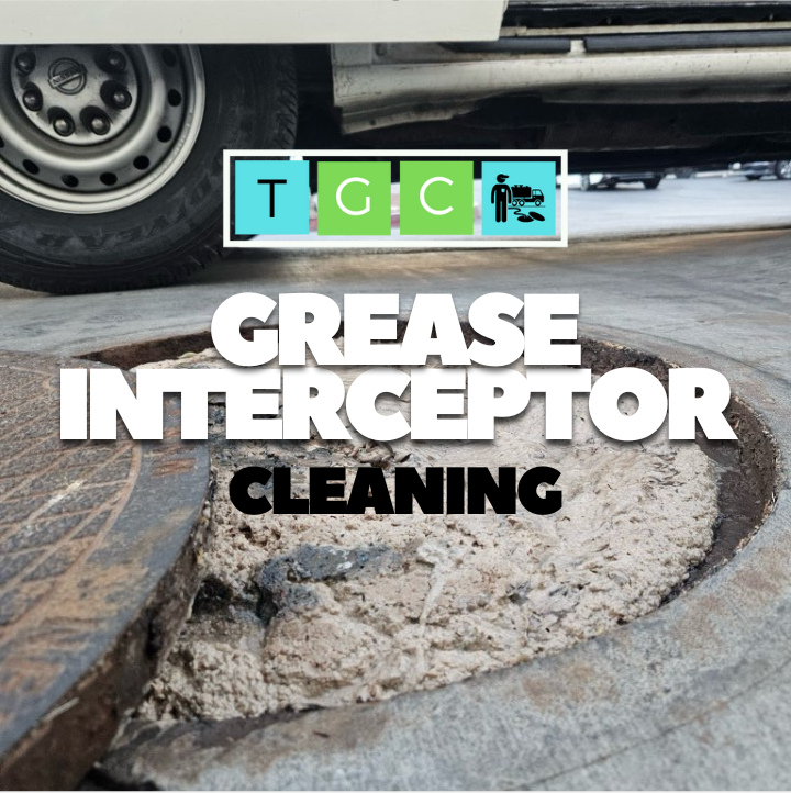 A designed poster with "Grease Interceptor Cleaning" text over a background of grease overflowing from an interceptor.
